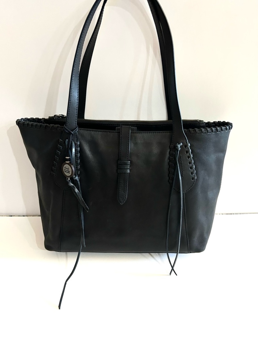 The Sak Black Leather Whipstitch Tote/Laptop Bag with Charm